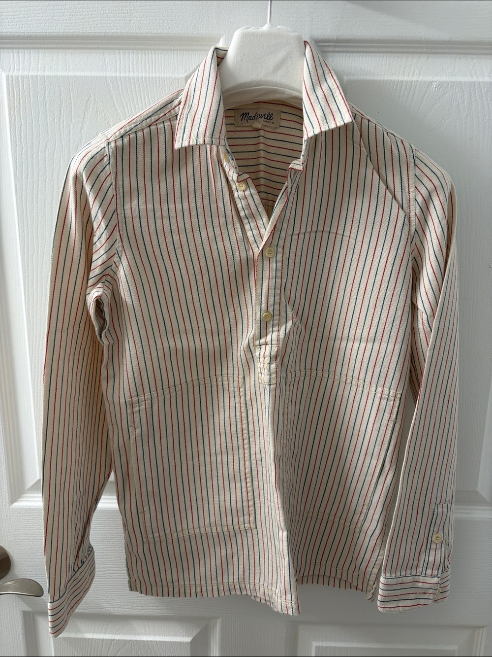 Madewell XS Cream Button-Front Shirt with Red & Navy Stripes